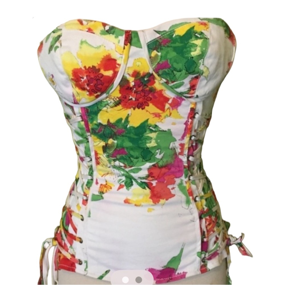 XOXO Strapless White Red Floral Lace-Up Adjustable Corset - Size M